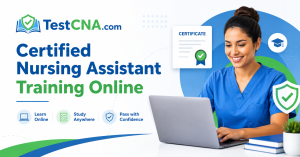 Certified nursing assistant student completing online CNA training on a laptop with TestCNA.com branding